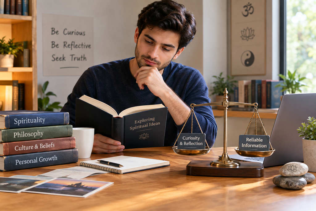 Person exploring spiritual ideas while balancing reflection and reliable information.