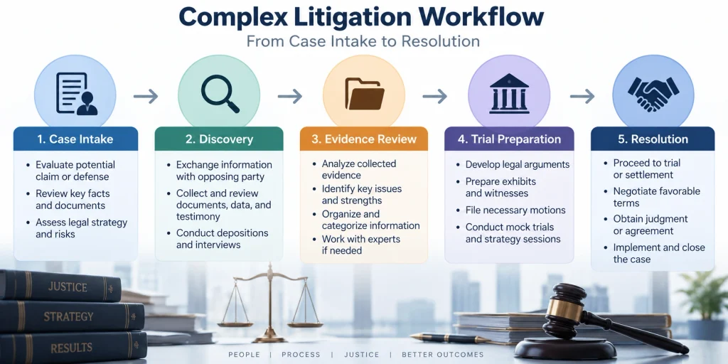Complex litigation workflow showing case intake, discovery, evidence review, trial preparation, and resolution.