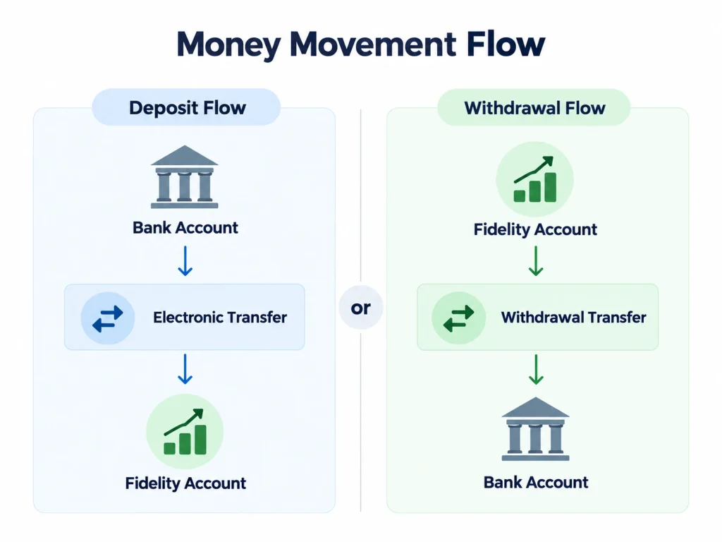 Diagram showing electronic money transfer flow between bank account and Fidelity account.