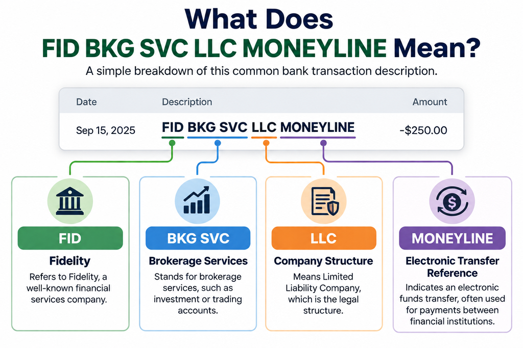 FID BKG SVC LLC MONEYLINE transaction breakdown showing Fidelity, brokerage services, LLC company structure, and electronic transfer reference explained.