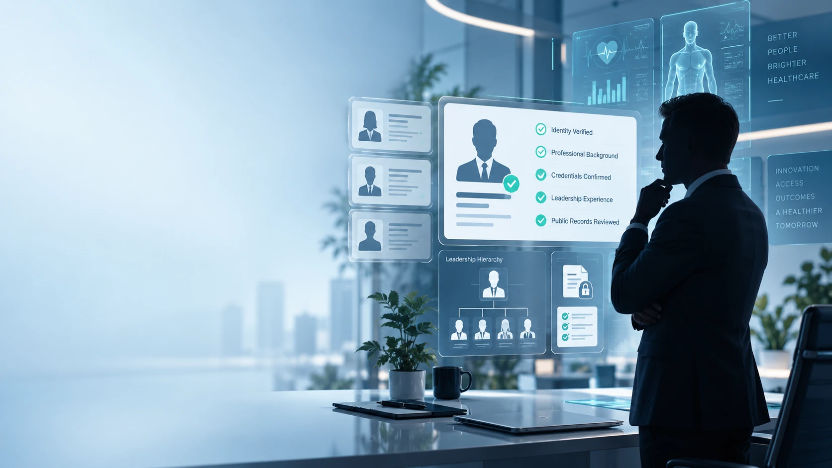 Executive verification research concept showing professional profile validation, leadership information review, and healthcare business analysis.