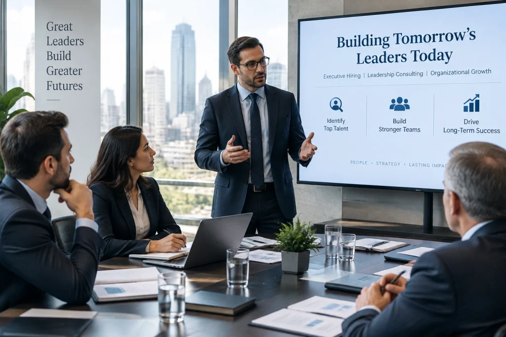Business leaders discussing executive hiring strategy.