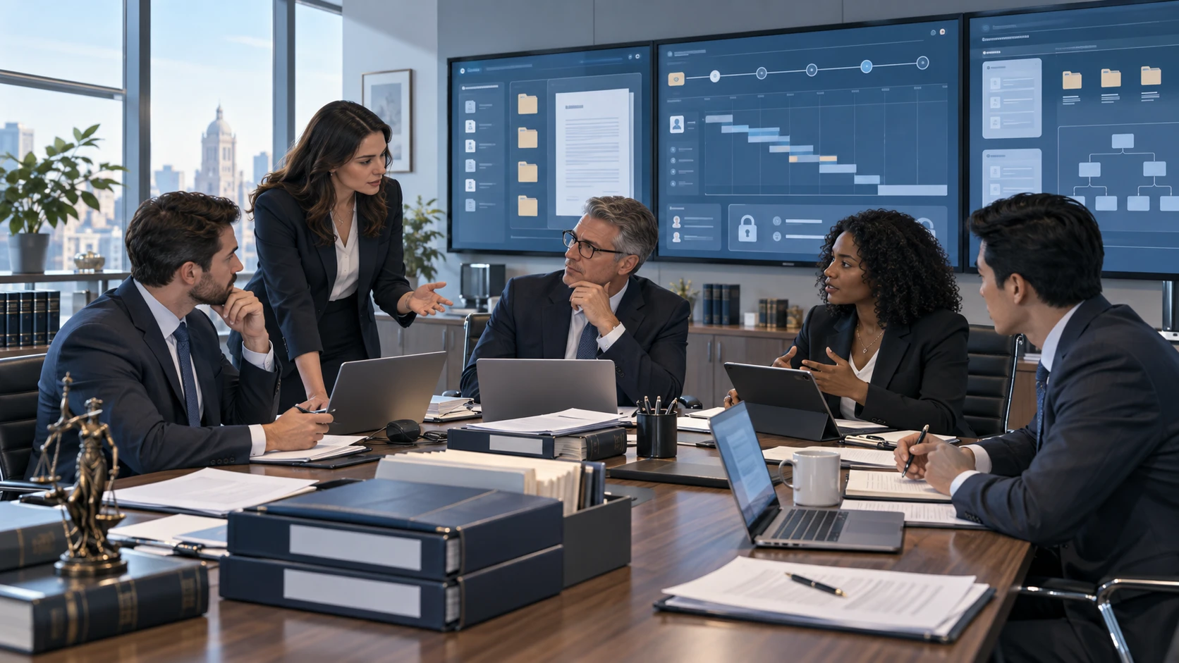 Legal team reviewing complex litigation case management documents and workflows.