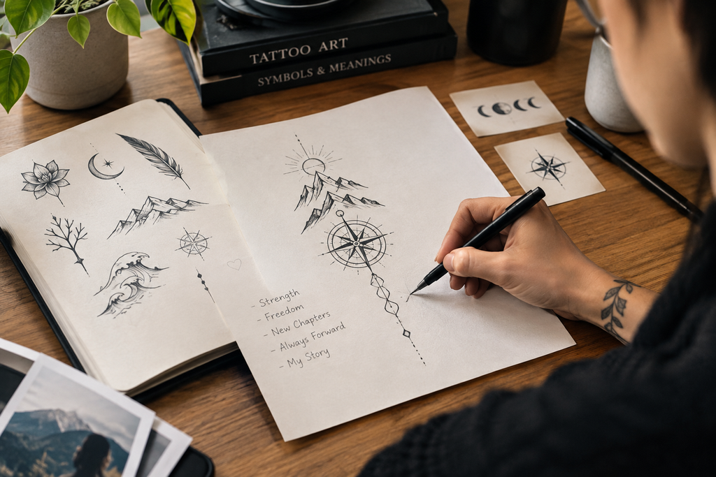Tattoo design sketches representing personal symbolism and self-expression.