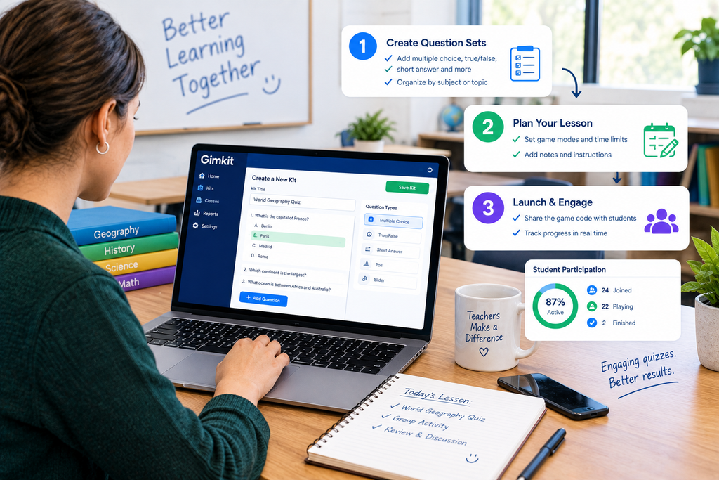 Teacher creating Gimkit question sets for classroom learning.