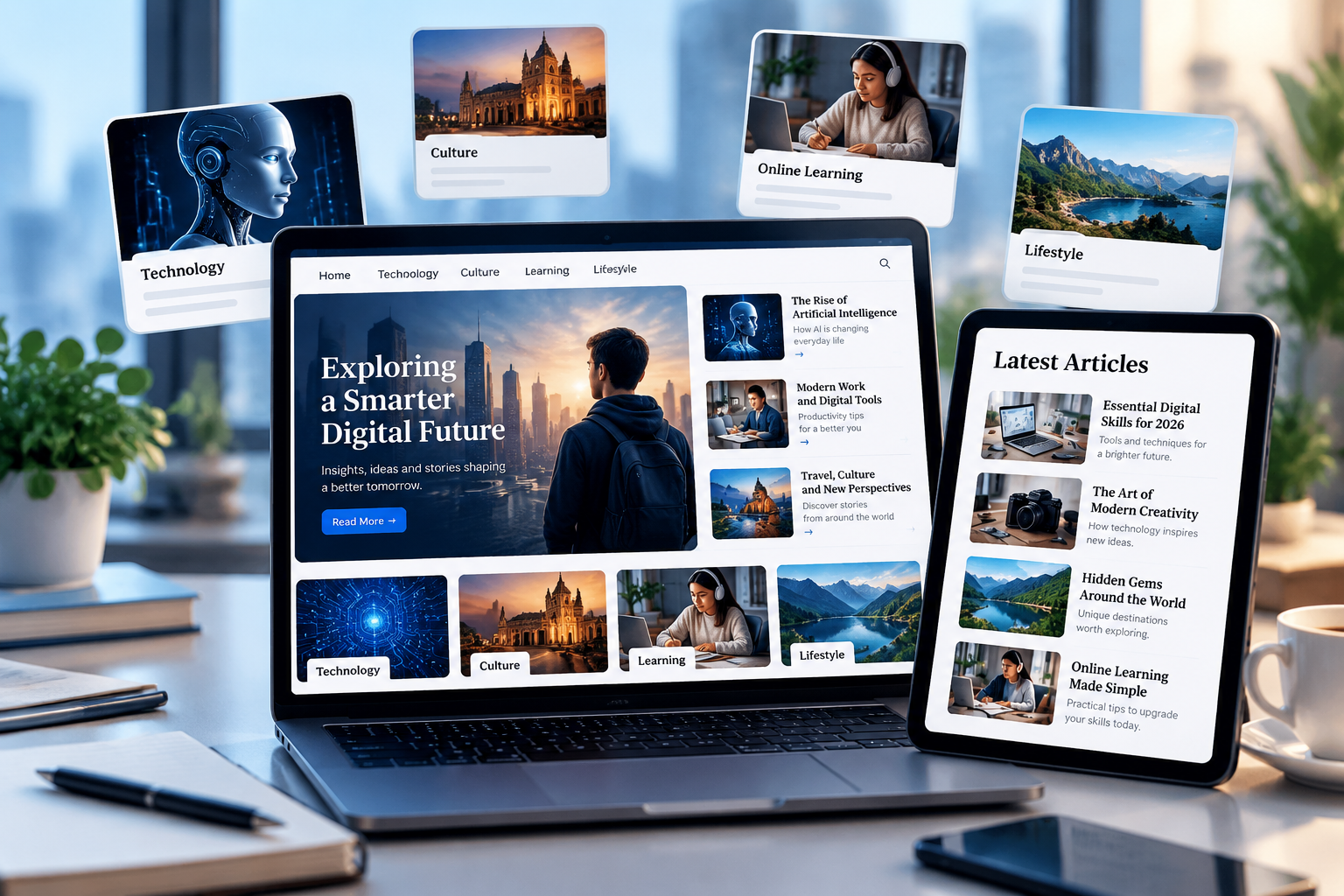 Modern digital magazine platform showing online articles and technology content.