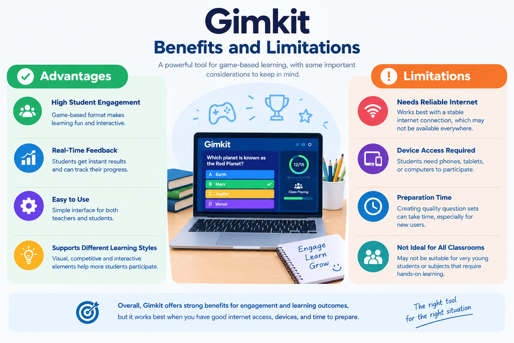 Benefits and limitations of using Gimkit in education.