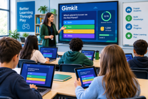 Gimkit research dossier showing a classroom using a game-based learning platform.