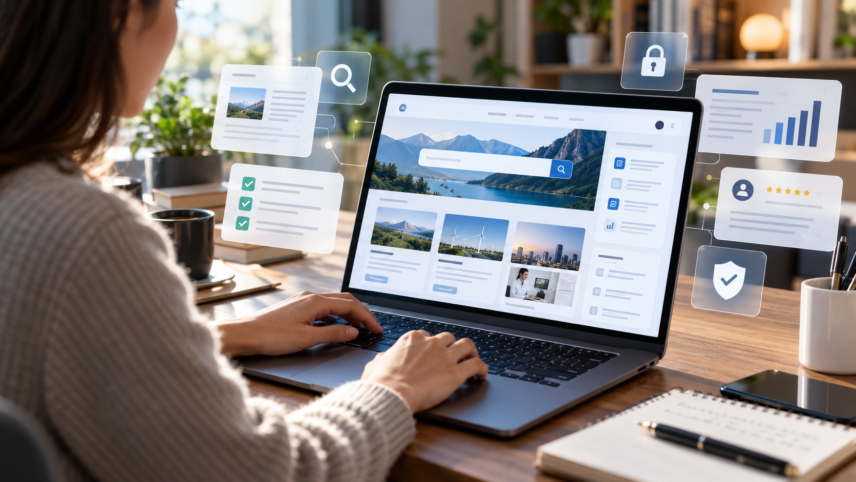 Person researching an online platform and digital information resources.